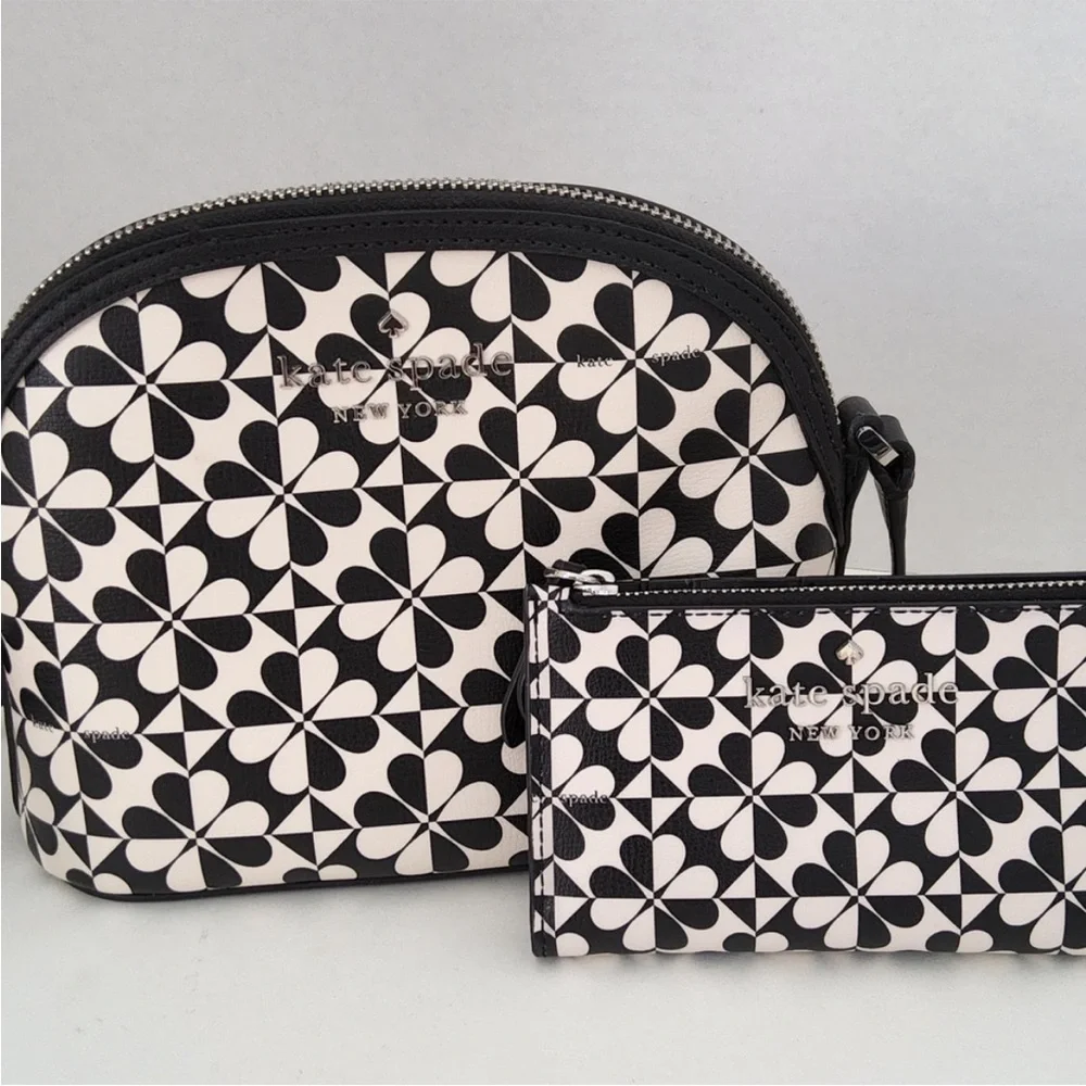 Kate Spade Black and White Hollie Spade Clover Crossbody With Matching Wallet